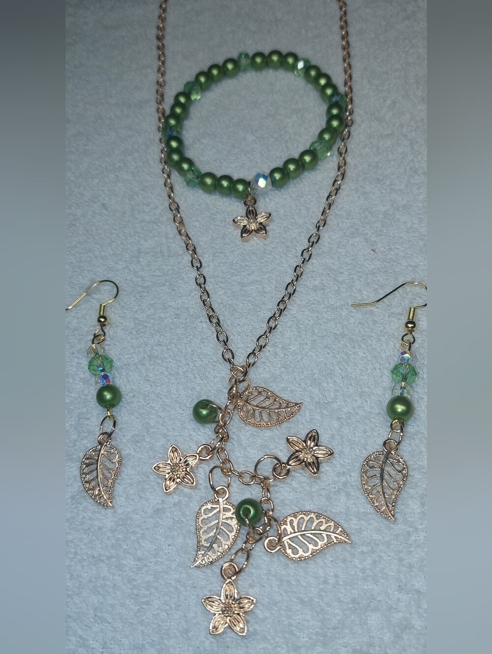 Handmade Green Bead and Gold Leaf Charm Necklace, Bracelet, Earring Set
